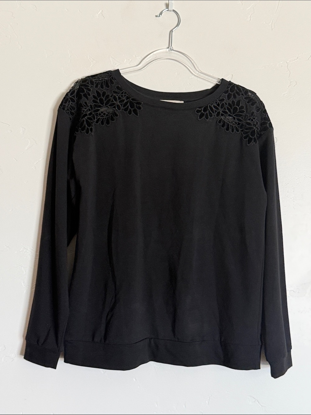 LOFT Black Long-Sleeve Sweatshirt with Floral Shoulder Appliqué Feminine Casual